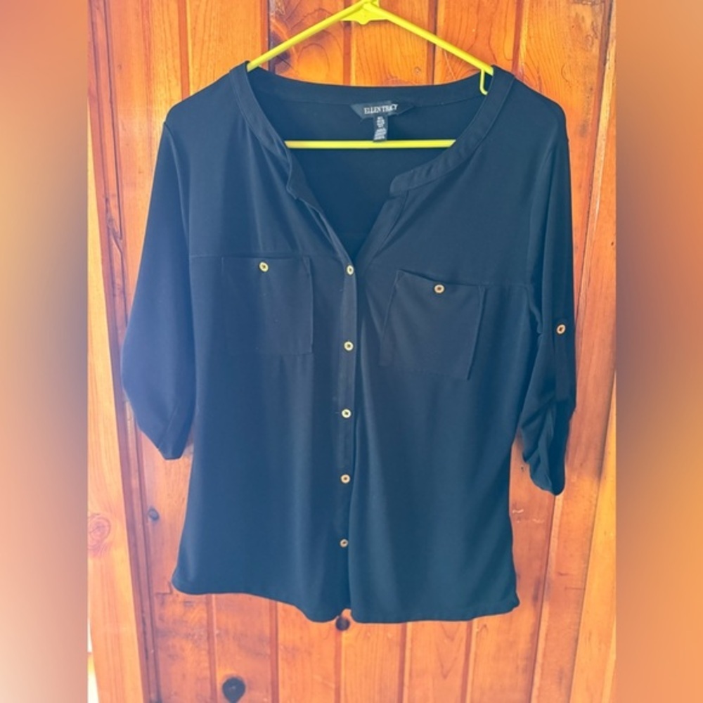 Ellen Tracy Blouse Top Button‎ Down 3/4 Sleeve Career Black Size Medium